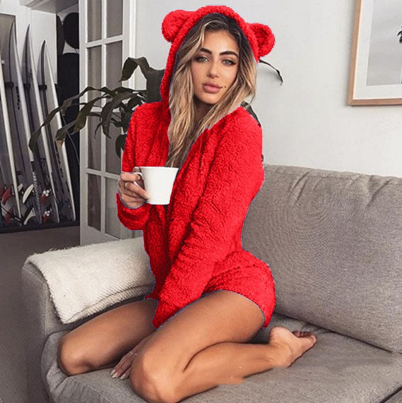 Plush Solid Color Long Sleeve Hooded Cute Women's Clothing Jumpsuit