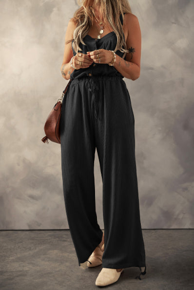 Pale Khaki Knotted Drawstring Textured Jumpsuit
