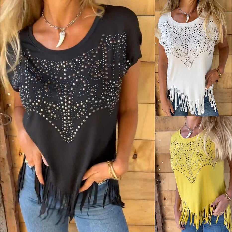 Versatile Round-Neck Short Sleeve Top – Bold Iron Print, Loose Fit