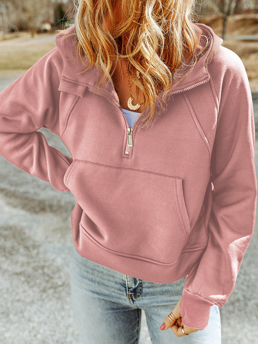 Women's Casual Solid Zipper Hooded Long Sleeve Top