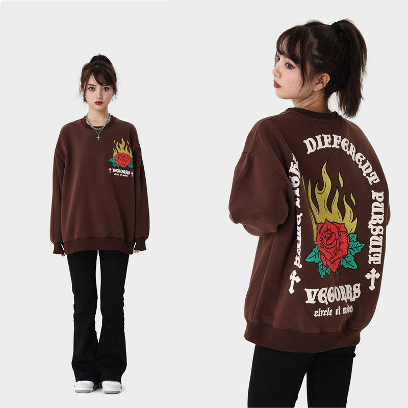 Plus Fleece Flame Rose Hoodie - Cozy Thermal Sweatshirt