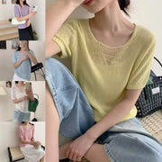Candy‑Color V‑Neck Hollow‑Out Shirt – Fresh, Sweet Short Sleeve