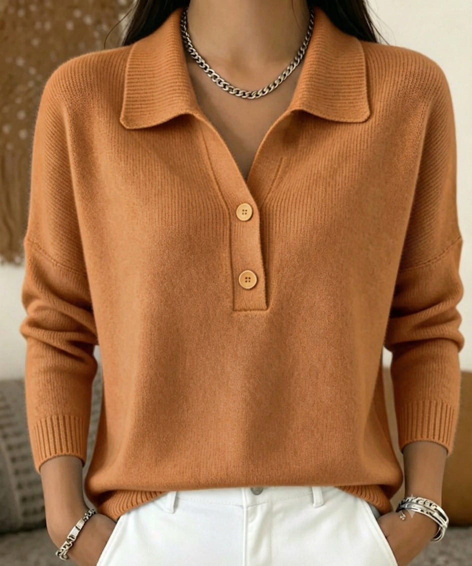Women 's Polo Collar Knit Sweater Half Button V Neck Solid Color Loose Long Sleeve Elegant Trendy Casual Fall Winter Knit Top