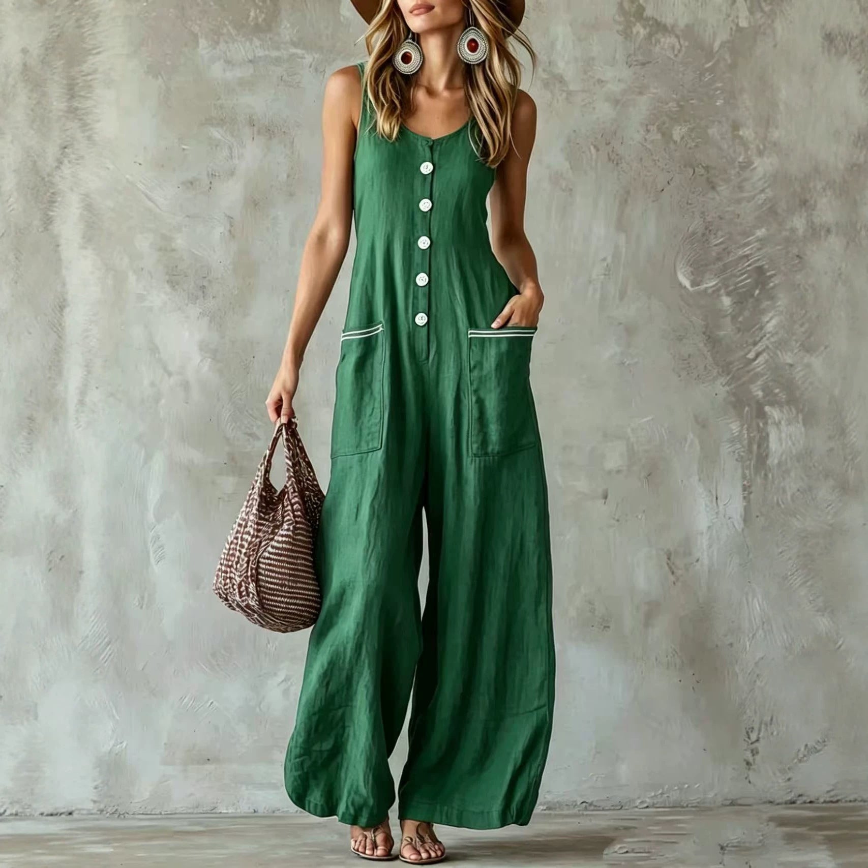 Button-front U-neck Solid-color Casual Jumpsuit