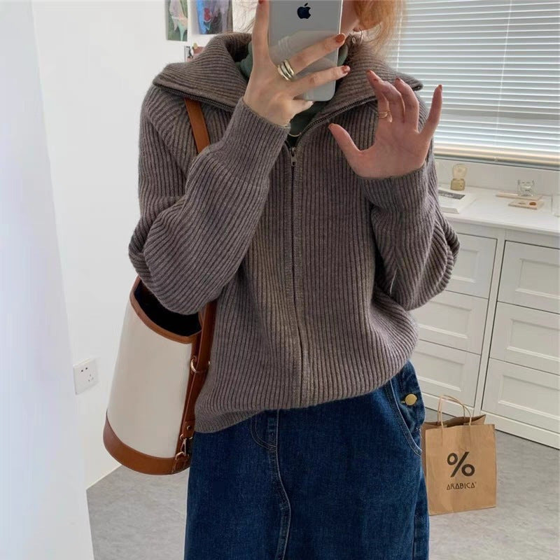 Loose Casual Laid-back Style Lapel Sweater Coat