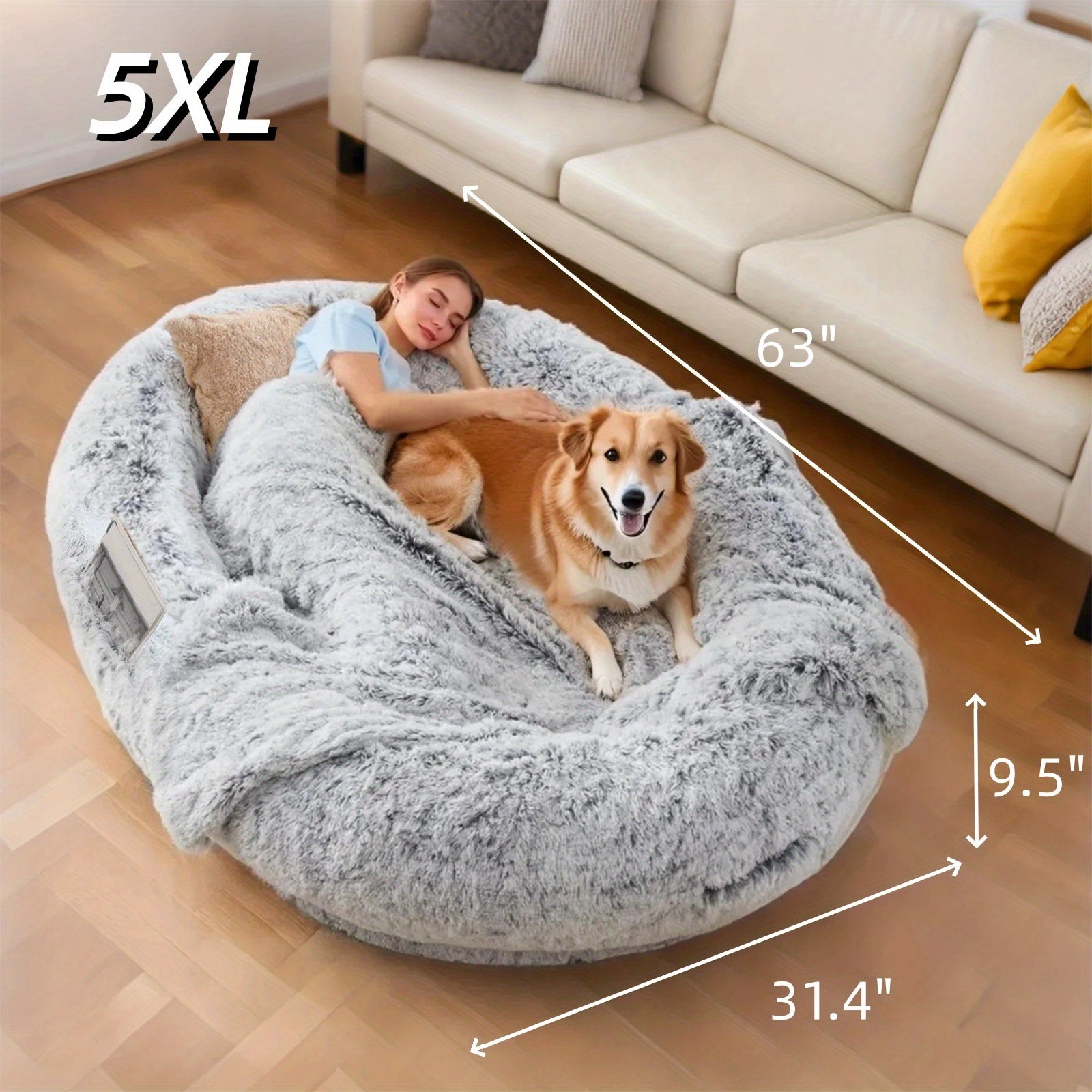 Oversized 71x45x12 Human Dog Bed - Orthopedic Washable Faux Fur Pet Bed With Plump Pillows & Blanket-like Strap, Grey Oval Bed For People & Puppies (all Dog Sizes) - Convertible Couch-like Napping