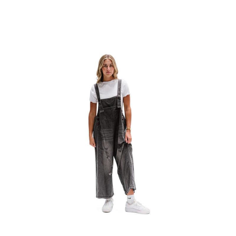 Vintage Distressed Wide-Leg Denim Suspender Pants