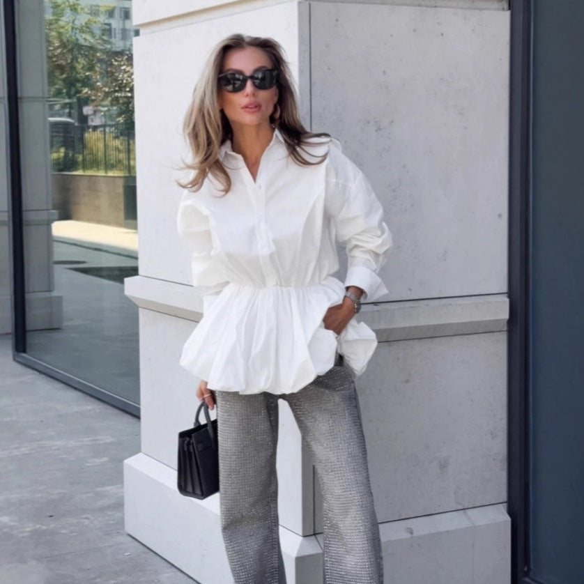 Cinched Slimming Shirt With A Turn-down Collar
