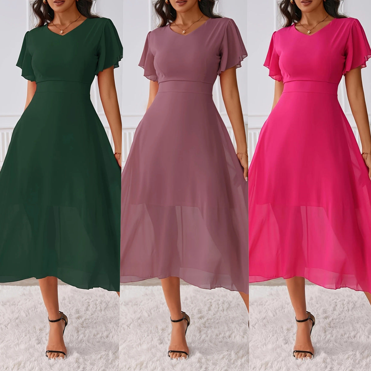 Womens Cinched Waist V-neck Swing Chiffon Dress