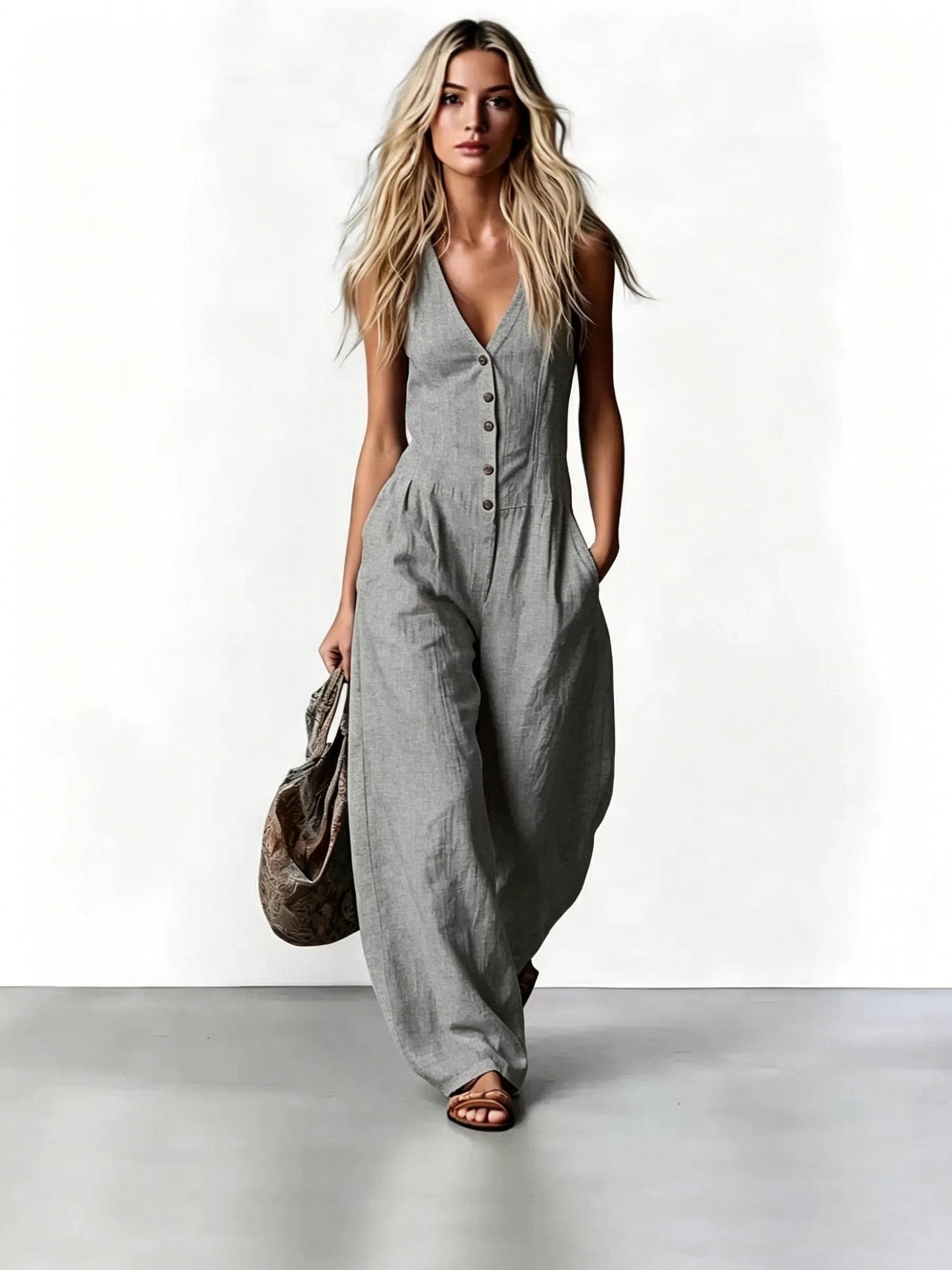 Chic V-Neck Sleeveless Straight-Leg Jumpsuit