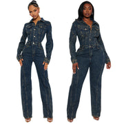 Washed Distressed Long-Sleeve Denim Jumpsuit