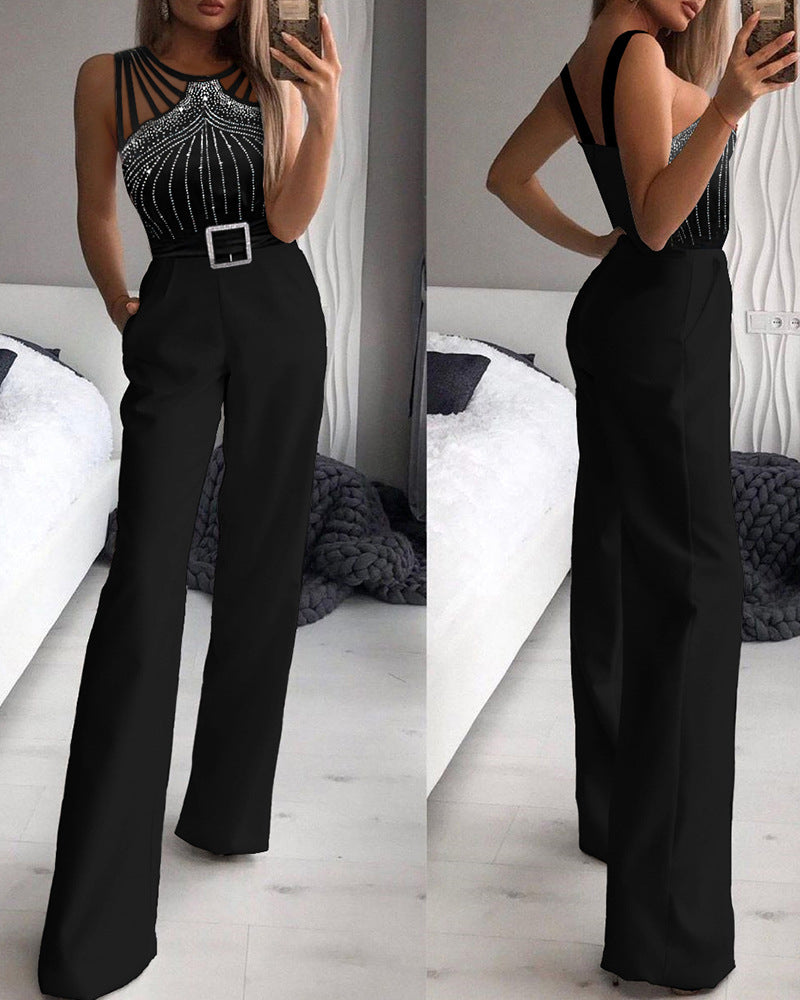 Rhinestone Strapless Waist-Cinching Jumpsuit