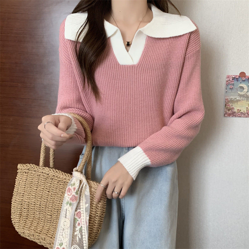 Contrast Color Polo Collar Soft Glutinous Sweater Women's Autumn and Winter