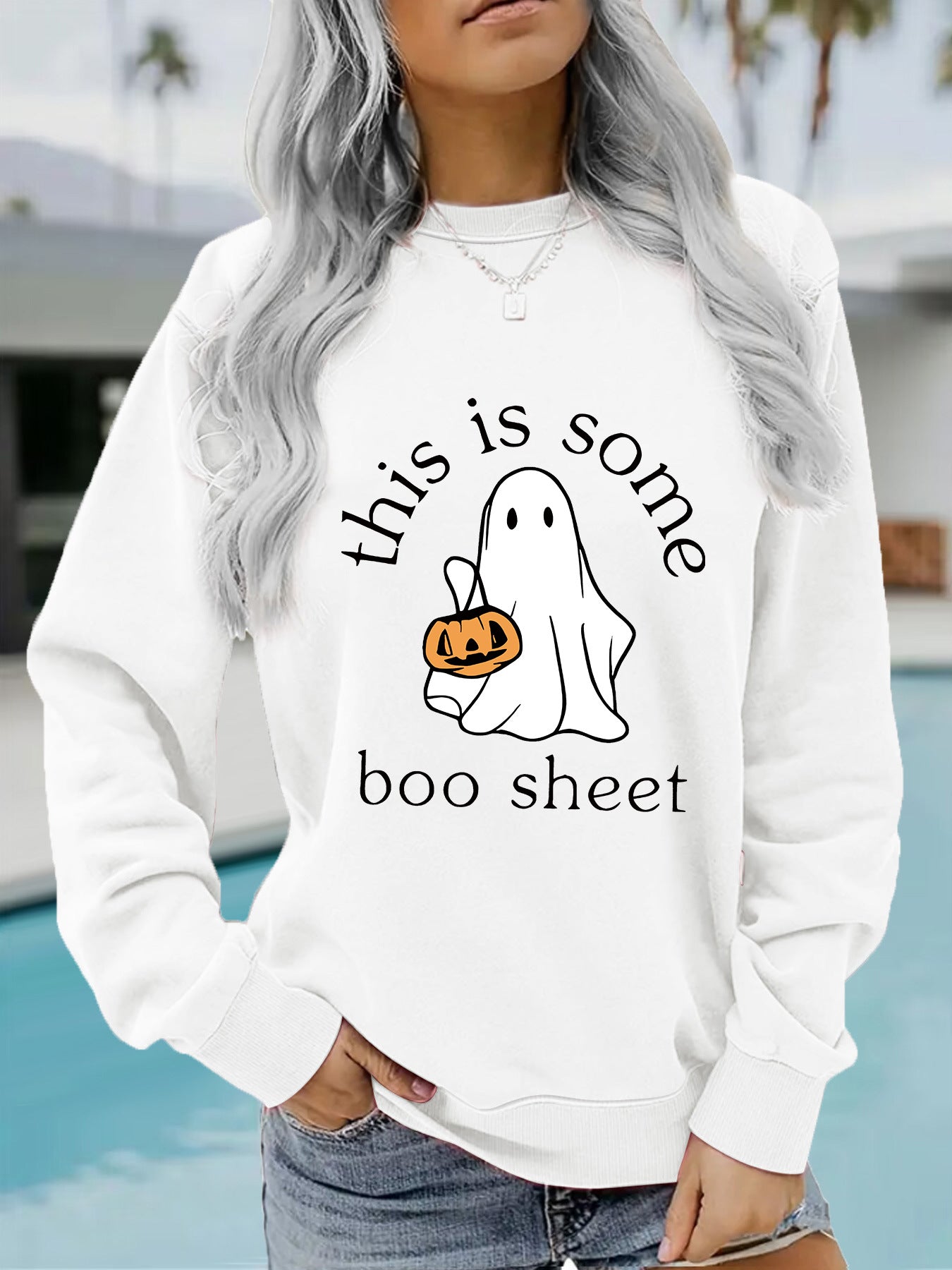 Spooky Chic Halloween Print Crewneck Pullover Sweatshirt