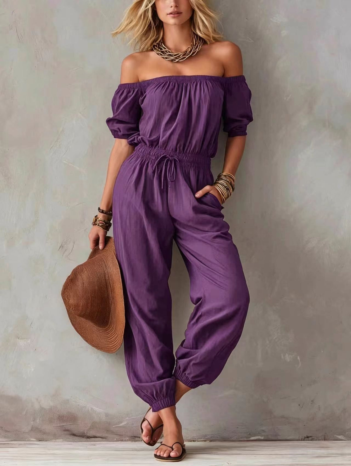 Off-shoulder Waist-cinching Lace-up Relaxed-fit Casual Jumpsuit