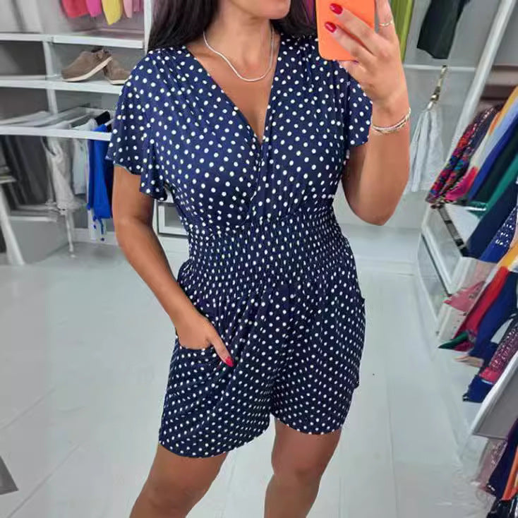 Polka Dot V-neck Short-sleeved One-piece Shorts