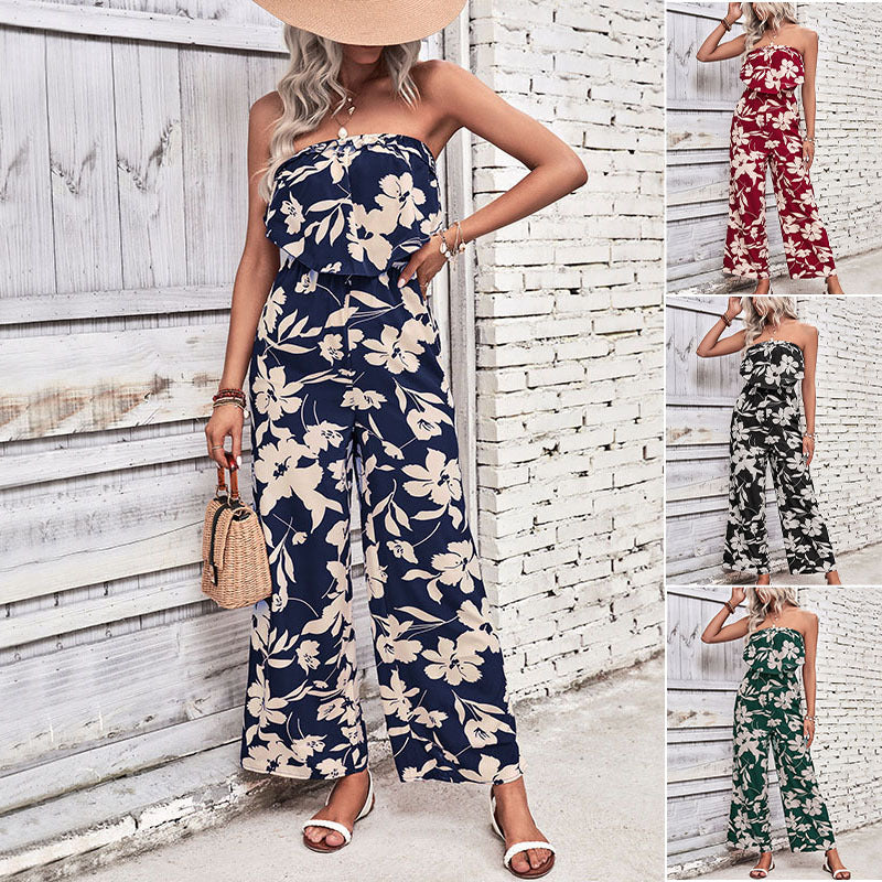 European And American-style Womens Strapless Printed Jumpsuit