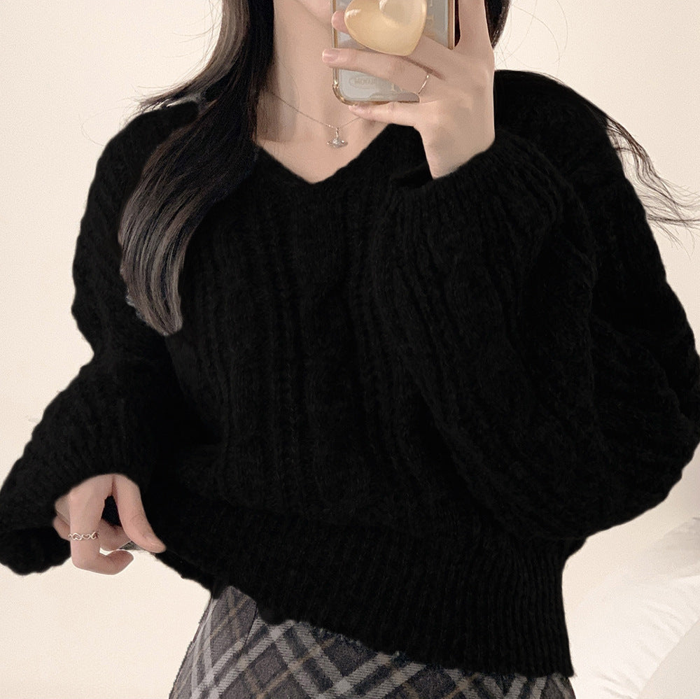New Korean-style Relaxed-fit Solid-color Cable-knit Sweater with Lantern Sleeves