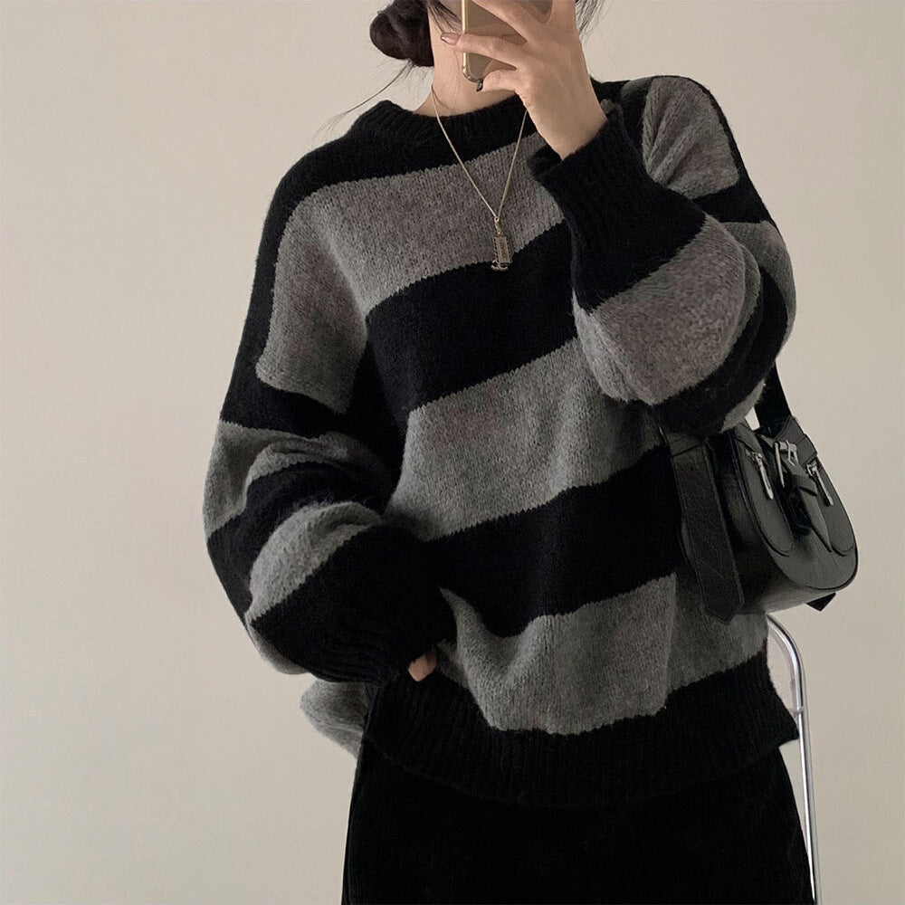 Loose Pullover Simple Knitwear Striped Thick Sweater