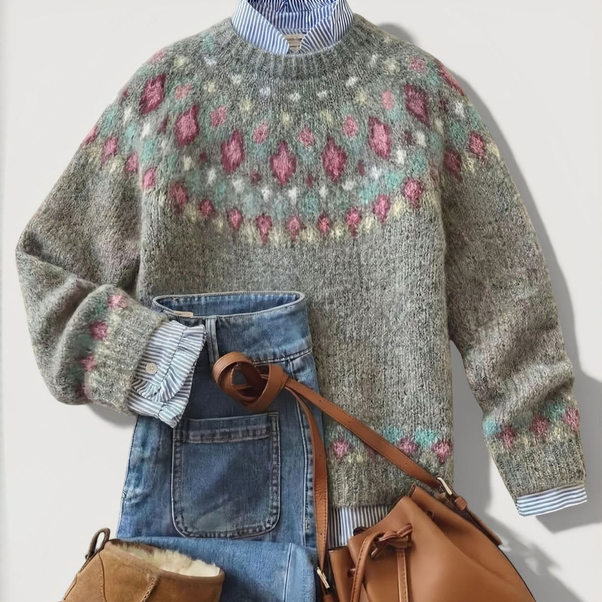 Retro Crew-neck Knit Sweater From Europe and the Us Casual Relaxed Fit Color-block Long-sleeve Pullover