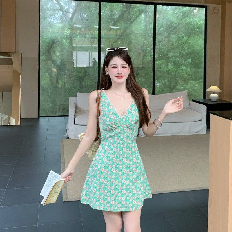 French-style Vacation V-neck Floral Dress for Women