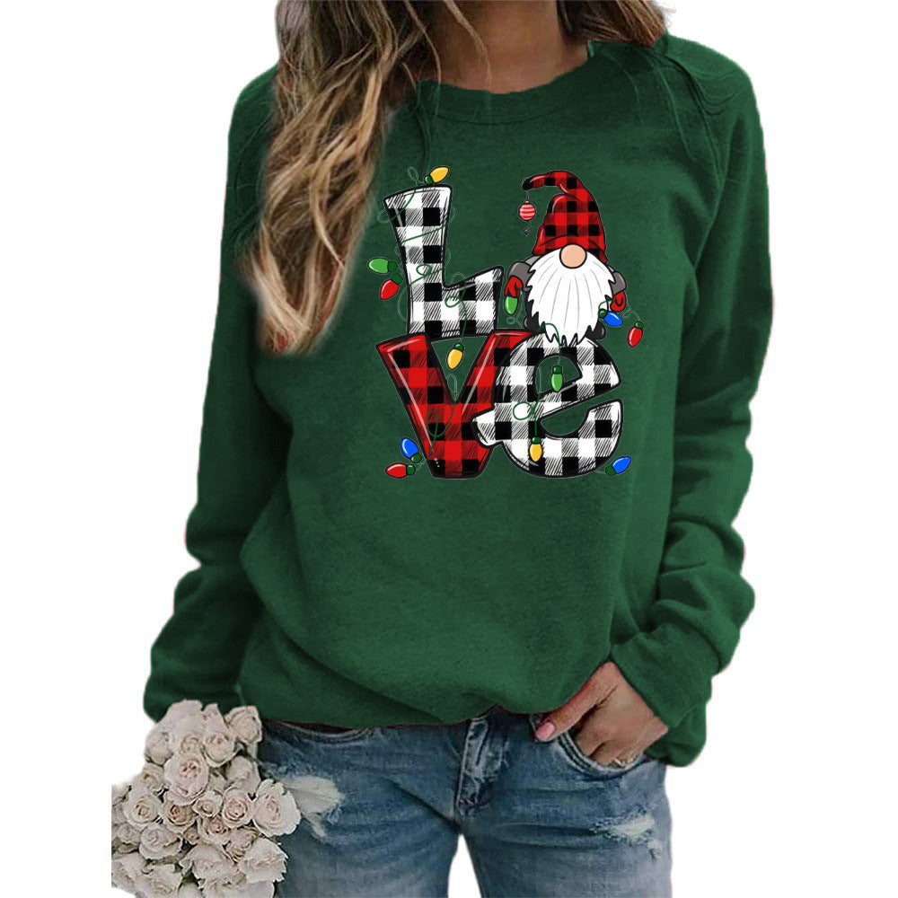 European And American Santa Claus Plaid Love Printed Round Neck Long Sleeve Sweater Coat Ladies