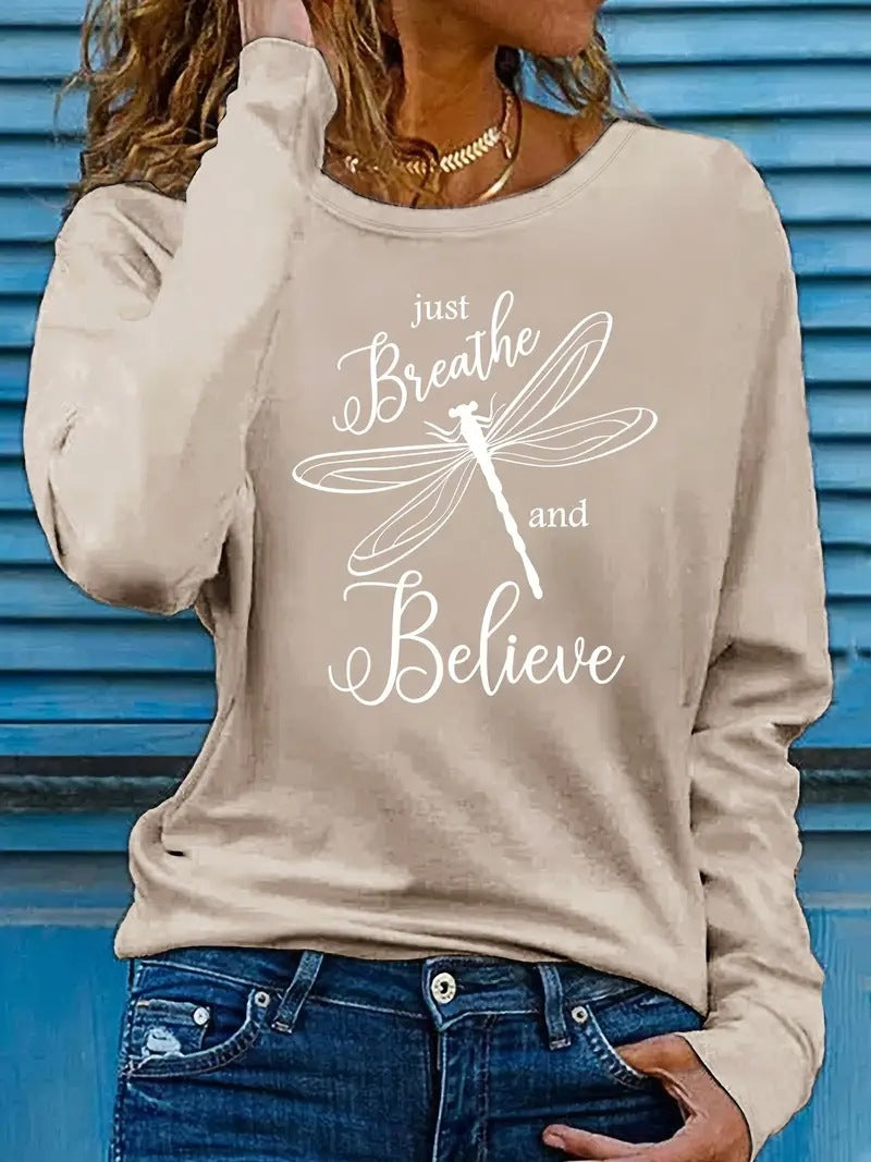 Women's Dragonfly Print Casual Long Sleeve Pullover Sweatshirt