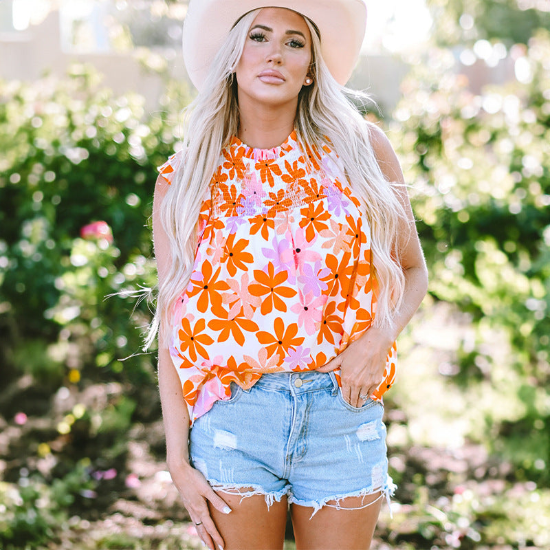 Women's Retro-Style Printed Ruffled Chiffon Short-Sleeve Top