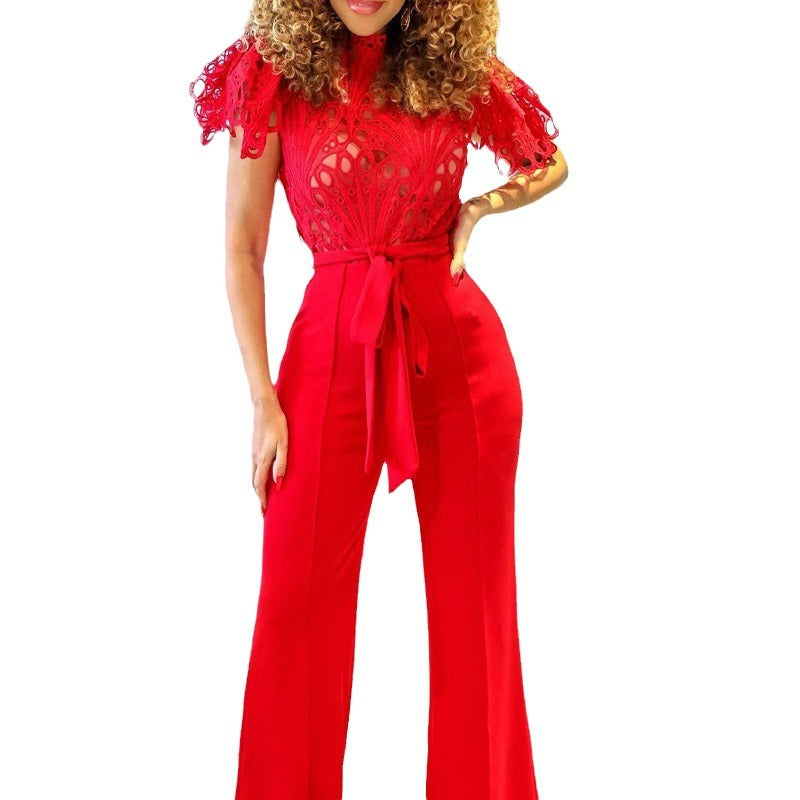 Elegant Lace Bell Sleeve Slim Fit Bodysuit Jumpsuit