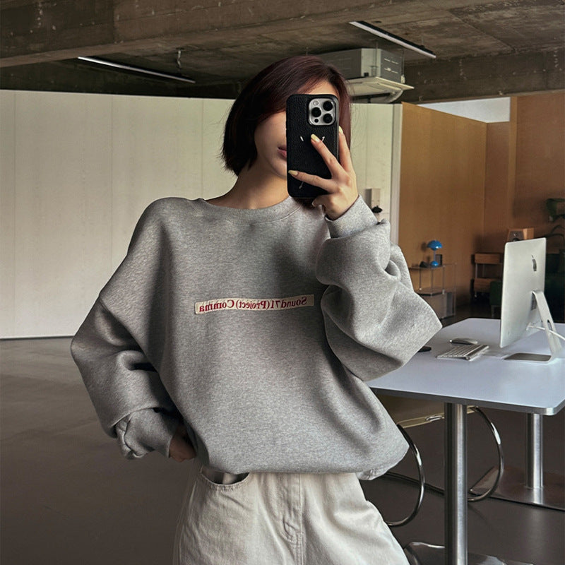 Korean Style Alphabet Embroidered Loose Round Neck Sweater