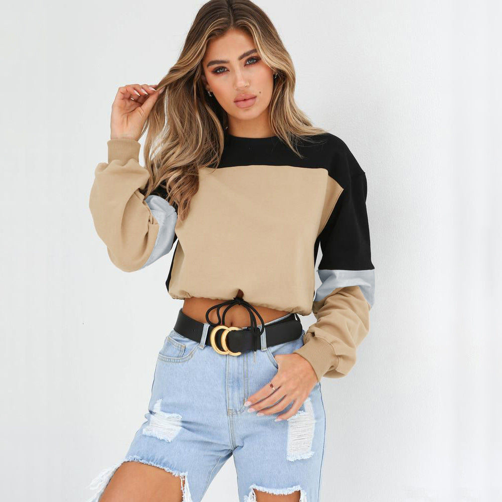 Cozy Patchwork Round Neck Lace-Up Sweater