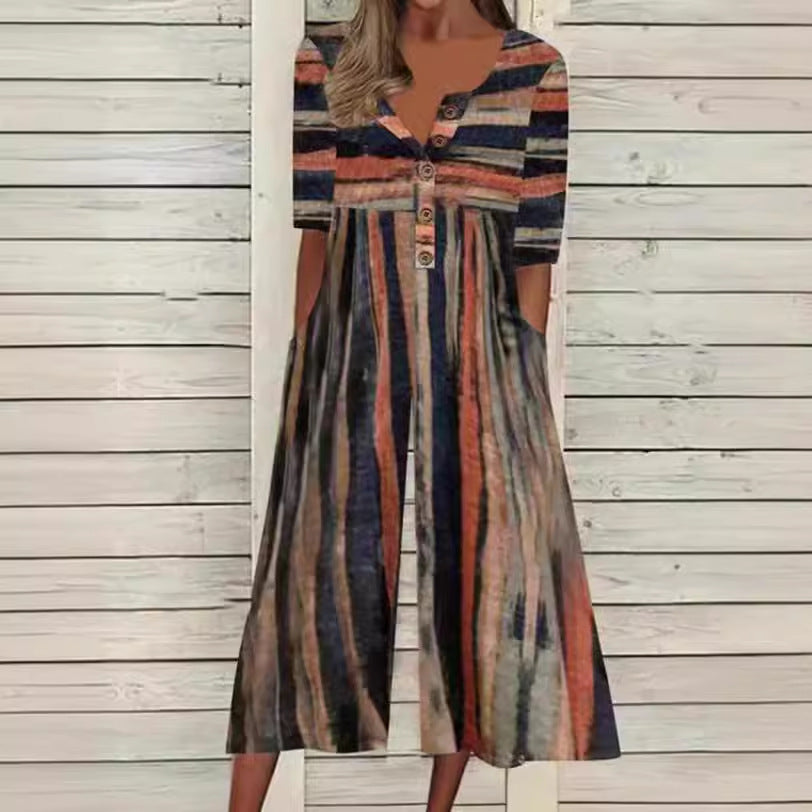 European And American Spring And Summer Hot-selling Printed Pocket Button Jumpsuit