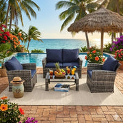4pcs Patio Conversation Set, All-Weather Wicker Sectional with Glass Table, Multi-Use Ottomans, Modular Outdoor Sofa, Flexible Configuration, Durable Construction