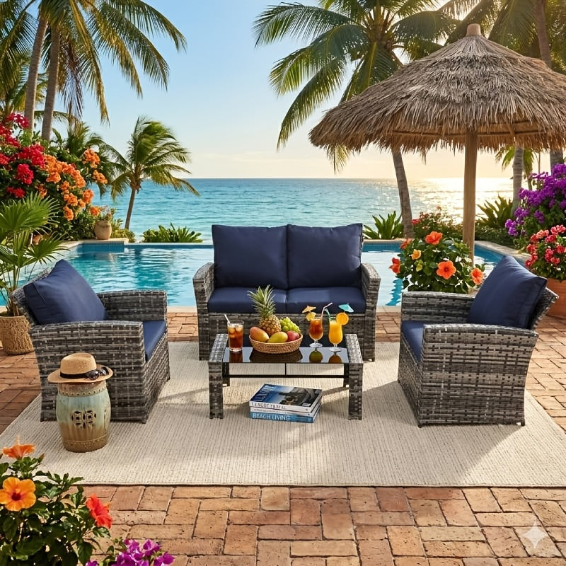 4pcs Patio Conversation Set, All-Weather Wicker Sectional with Glass Table, Multi-Use Ottomans, Modular Outdoor Sofa, Flexible Configuration, Durable Construction