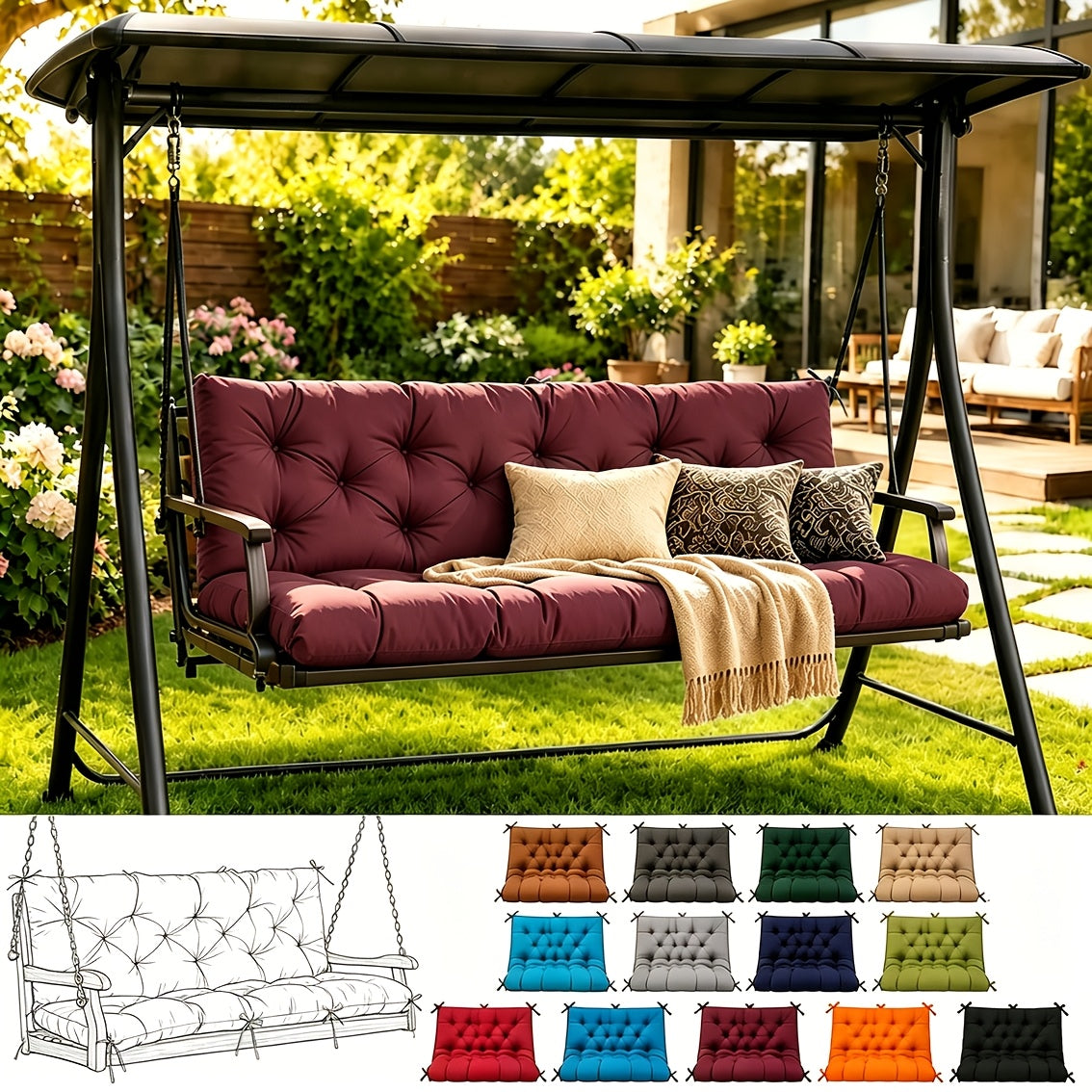 Porch Swing Cushions, Outdoor Replacement Cushions with Backrest, Waterproof Bench Cushion with Ties, for Patio Porch Garden Backyard, 5In 60 Inch 3 Seater, Sky Blue 60 X 40In 47 X 40In 40 X 40In