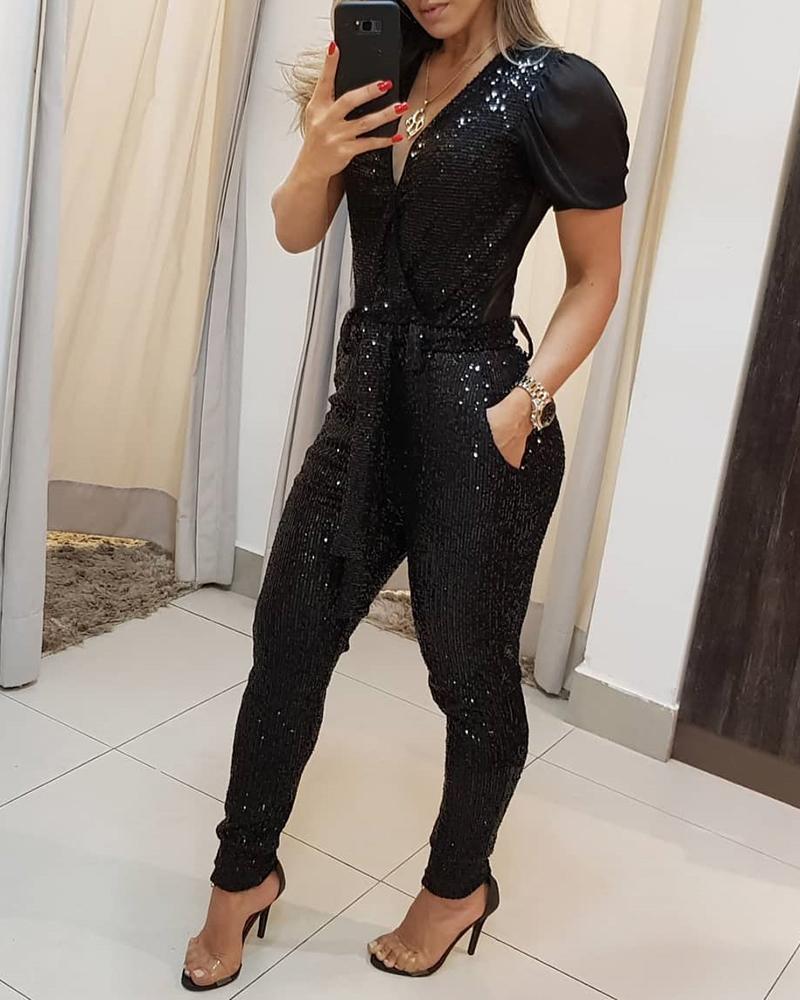 Glitter V-Neck Short Sleeve Black Sequin Jumpsuit