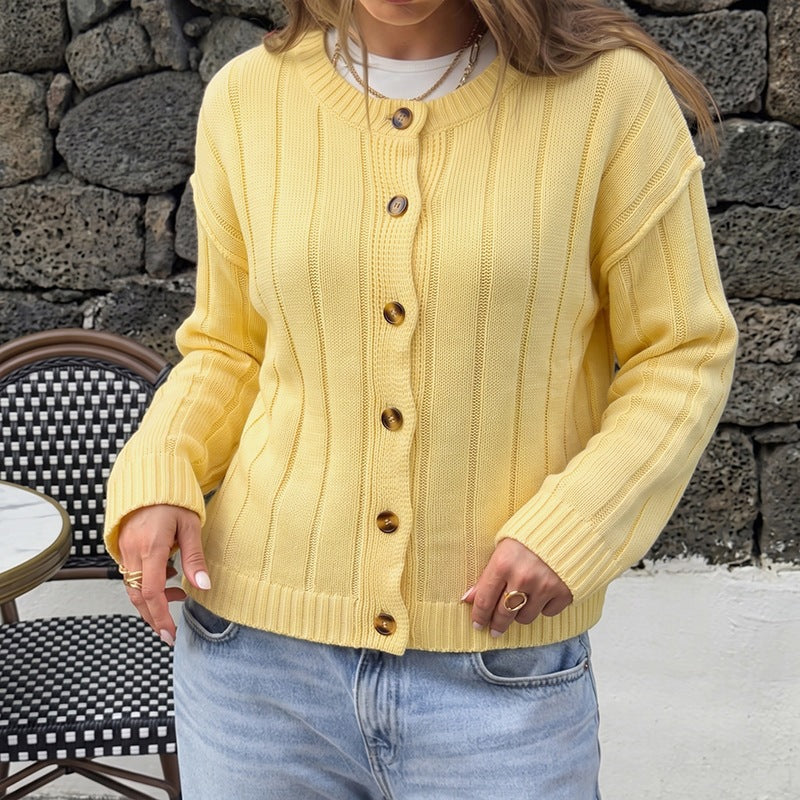 Solid-color Crew-neck Knitted Cardigan Sweater for Women