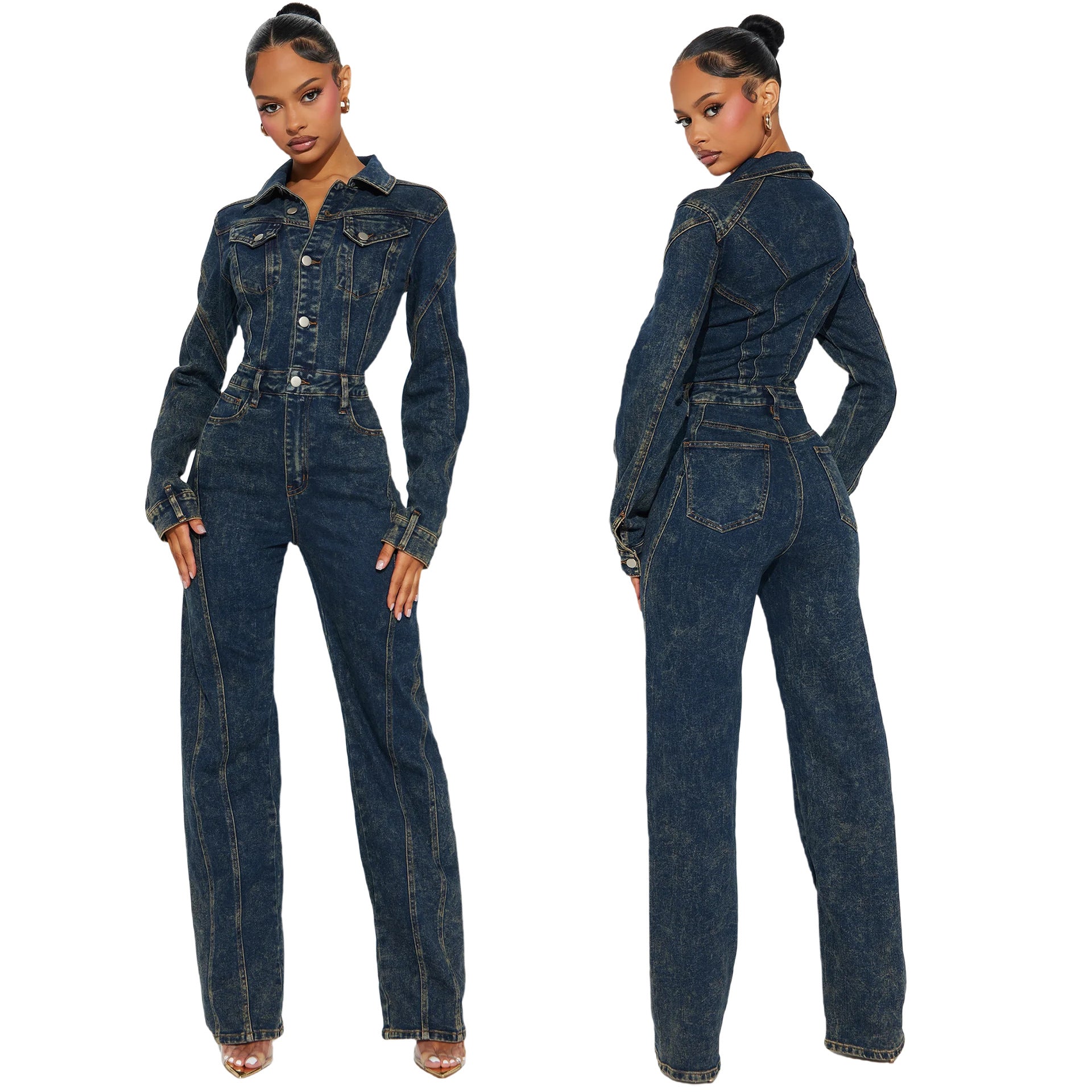 Washed Distressed Long-Sleeve Denim Jumpsuit