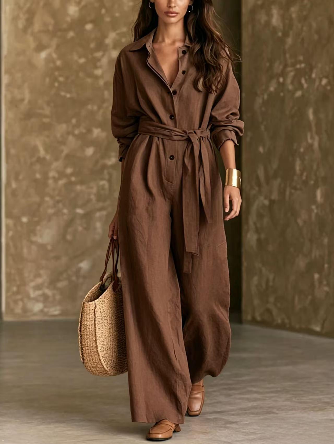 Women's Casual Belted Long-Sleeve Wide-Leg Jumpsuit