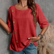 Loose-Fit Cotton-Linen Button-Up Top – Casual Short Sleeve Shirt