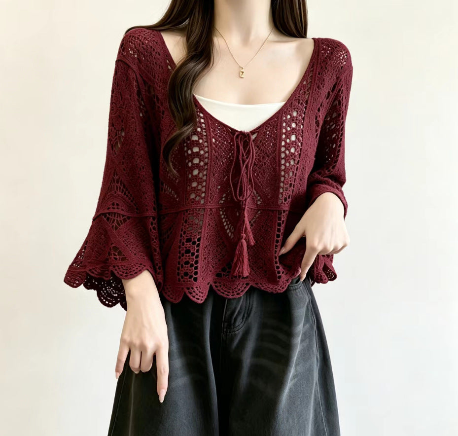 Bohemian Resort-style Crochet Hollow-out Knit Top Womens Solid-color Blouse