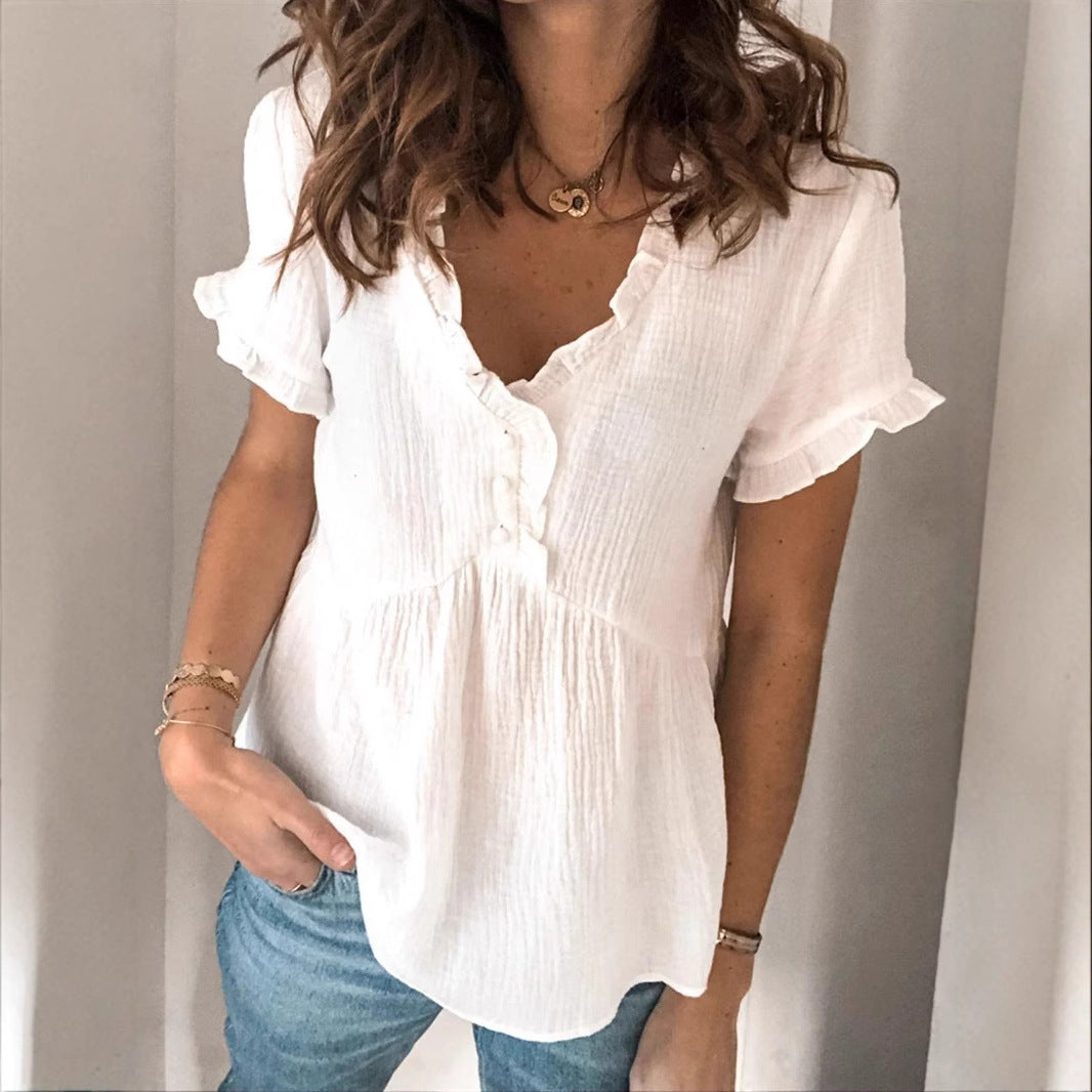 Loose Patchwork Short-Sleeve Shirt – Casual Off-White Top