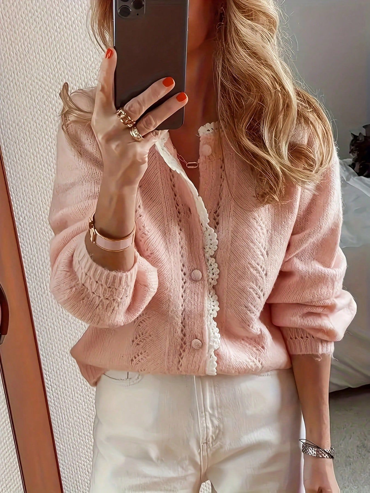 Womens Autumn Winter Lace-trim Knitted Cardigan