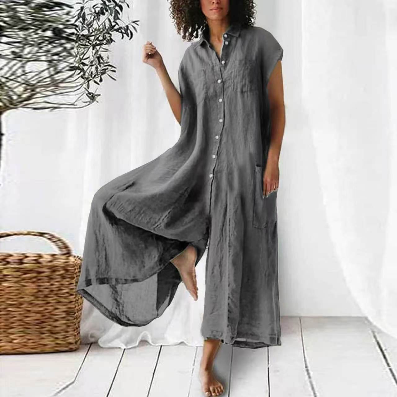 Chic Solid Short-Sleeve Shirt & Pants Set