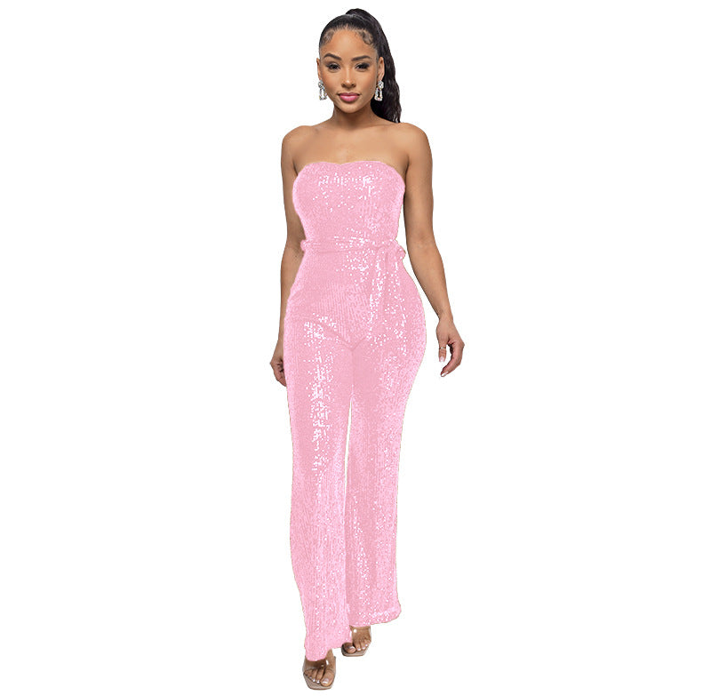 Solid-color Womens Tube Top Backless Jumpsuit