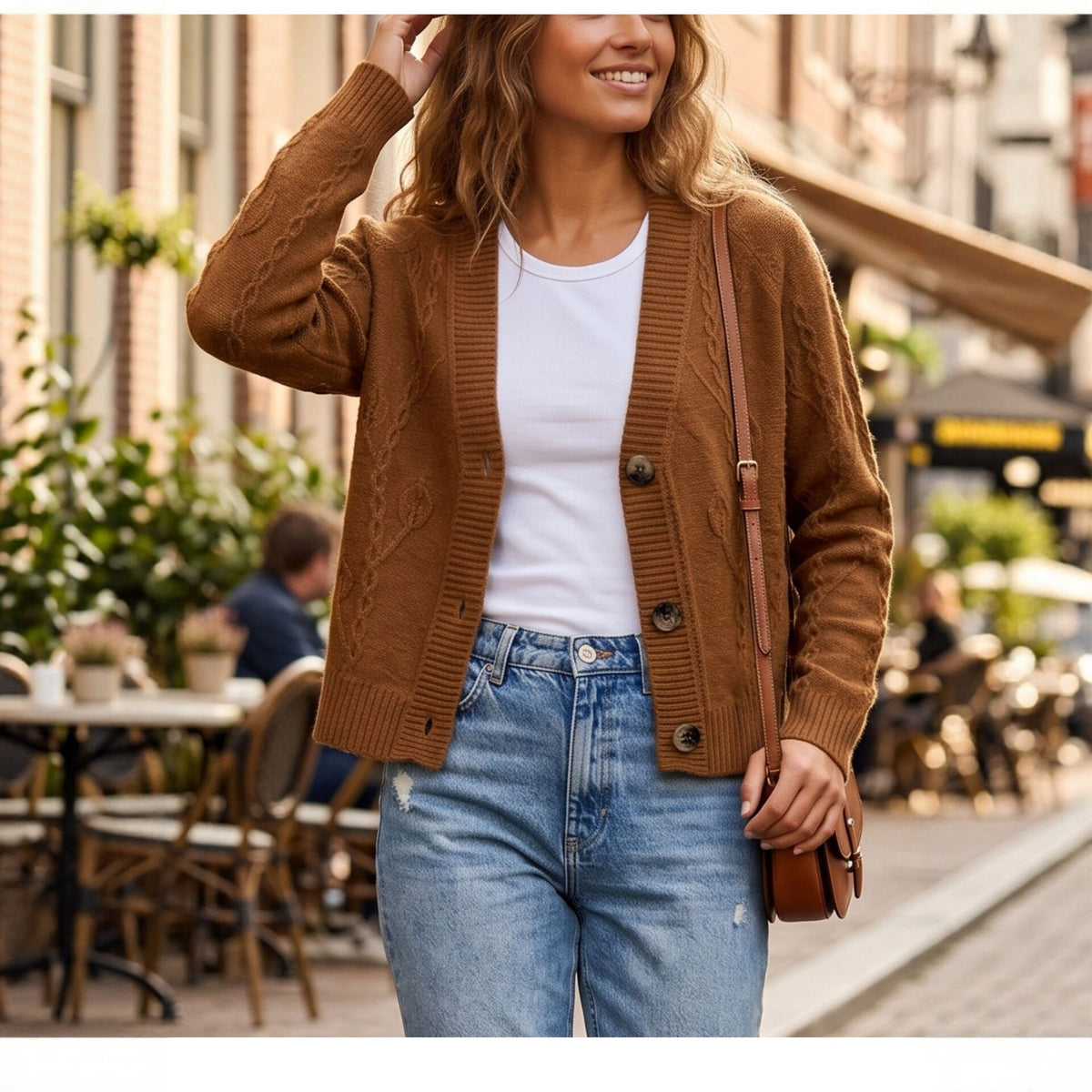New European and American-style Coffee-colored Cable-knit Cardigan