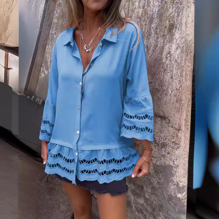Lapel Long Sleeve Lace Ruffles Lotus Leaf Loose Shirt