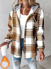 Women's Plaid Hooded Jacket with Fleece Lining - Cozy Winter Coat, Adjustable Drawstring Hood & Button Front, Casual Warm Outerwear for Fall and Winter, Machine Washable (Brown/Beige/White/Black), ...