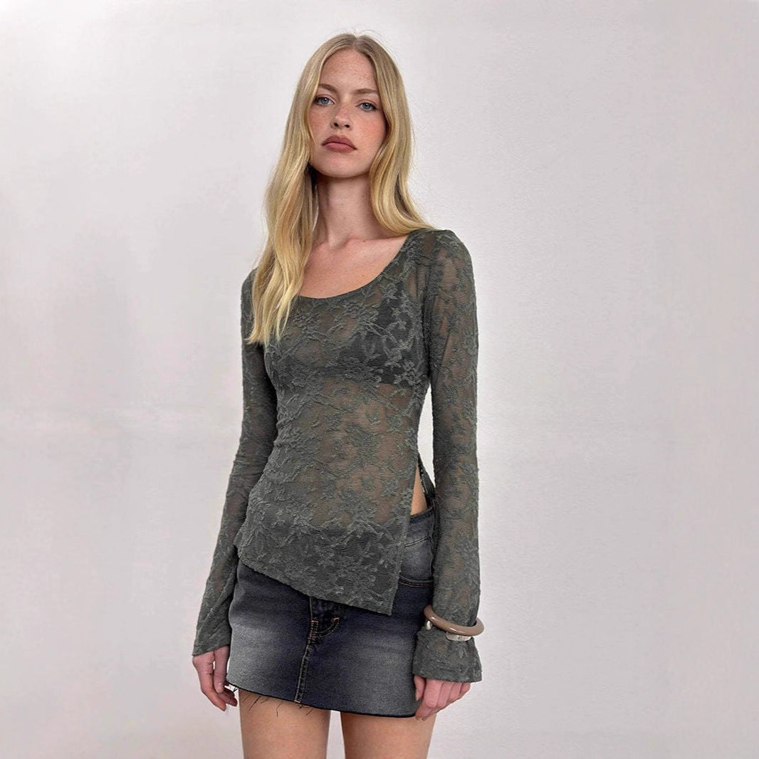 Elegant Lace Long‑Sleeve Top – Slim Fit, Sexy Street Style