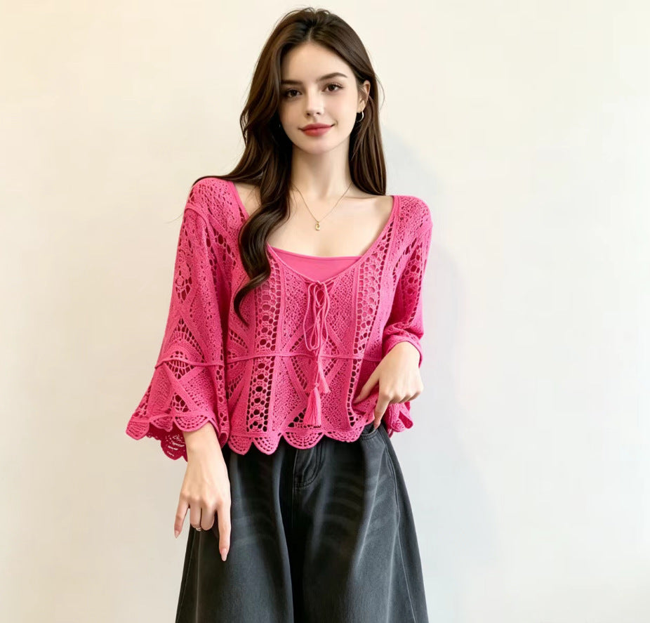 Bohemian Resort-style Crochet Hollow-out Knit Top Womens Solid-color Blouse